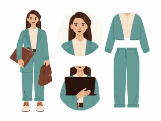 Obraz premium Casual young business woman holding laptop. Character constructor for animation, set of women in different poses, working women vector, set working women, set of business women,