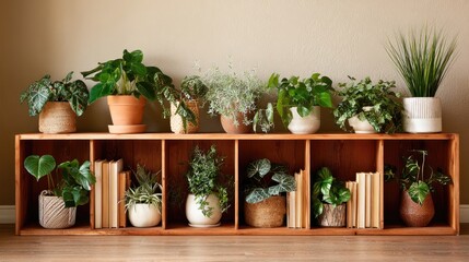 Stylish Indoor Plant Display on Wooden Shelf with Diverse Greenery and Minimalistic Decor