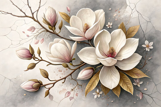 Delicate white magnolia blossoms adorned with twigs and soft hues