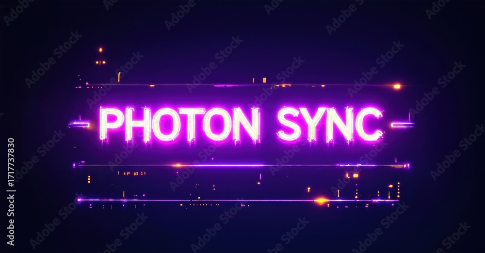 Poster neon sign displays photon sync. purple background features scattered light effects, creating futuris