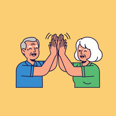 Two joyful elderly individuals, a man and a woman, are enthusiastically giving each other a high five, celebrating a moment of shared happiness and connection.