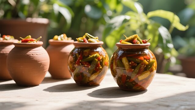 Traditional indian pickles fermenting in clay pots outdoors