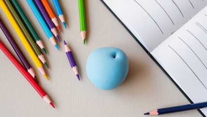 Brightly Colored Pencils and Blue Modeling Clay with Blank Sketchbook on Light Background