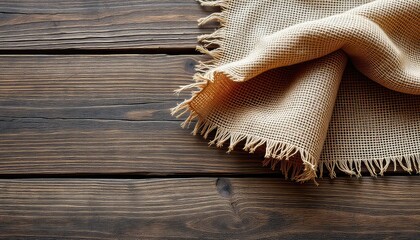 Rustic texture A woven burlap cloth drapes over a dark wooden surface with natural grains creating a vintage aesthetic