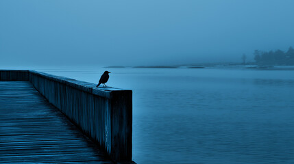 Lonely bird looks at the snowy endless lansdcape. Concept oof a long winter, awaiting and loneliness 
