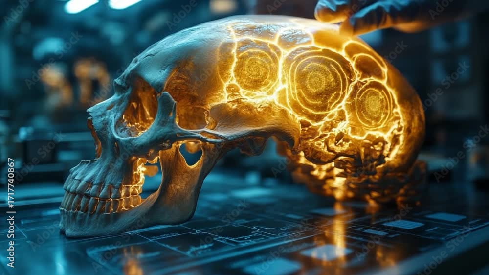 Aufkleber enlightened mind: a human skull glows with intricate, dynamic patterns, as a hand gently touches it,