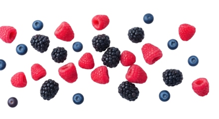 mix of fresh berries including raspberries, blackberries, and blueberries floating in air isolated png transparent cutout 