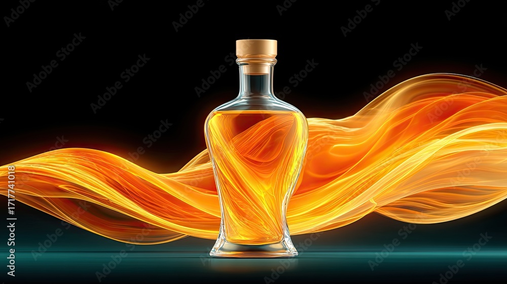 Poster a futuristic glass bottle with glowing neon liquid creating luminous trails as it splashes across a 