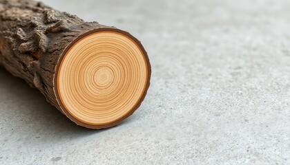 Cut wood log showing age rings on gray concrete background with copy space and selective focus is ideal for forestry or construction related concepts