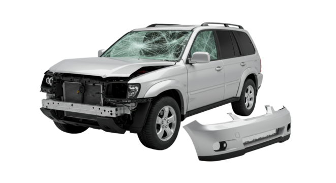 Damaged silver suv (45-degree), crumpled hood, shattered windshield, pristine detached silver bumper on transparent background, vehicle damage analysis