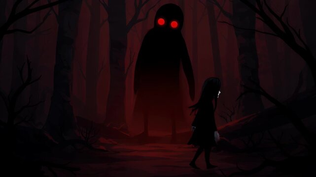 Crimson Forest Encounter: A Girl and a Shadowy Figure