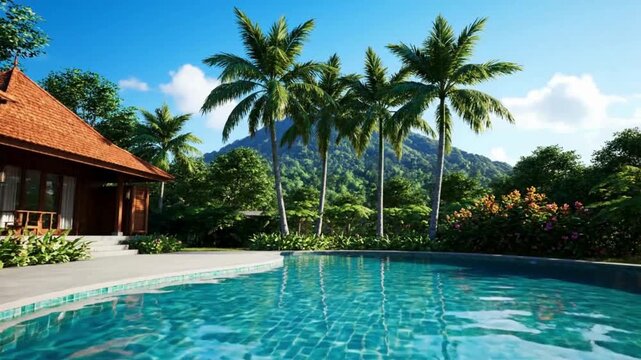 A serene tropical resort scene centered around a pristine, kidney-shaped swimming pool with crystal-clear turquoise water that gently ripples under the warm sunlight.