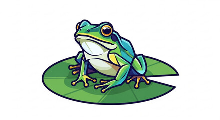A vibrant green frog sits serenely on a lily pad, its eyes gleaming with curiosity, a symbol of natures beauty and tranquility