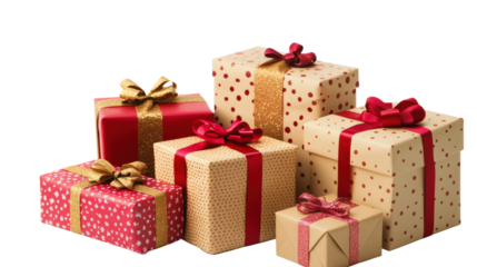 Assorted gift boxes with ribbons isolated on a transparent background