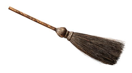 Witch broom illustration with worn bristles isolated on transparent background 