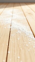 White Powder Spill on Light Wood Planks Creates a Minimalist Abstract Texture, Grainy Surface with Sunlight