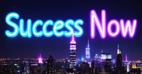 Bright neon text Success Now over nighttime cityscape. Empire State Building prominent, vibrant purple hues dominate scene.