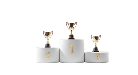 Winners Podium with Gold Cups, First, Second, Third Place Awards, Competition, Achievement, Success