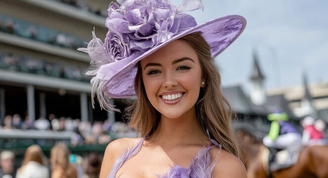 This elegant Derby-inspired look highlights the beauty of coordinating accessories in a fashionable portrait.