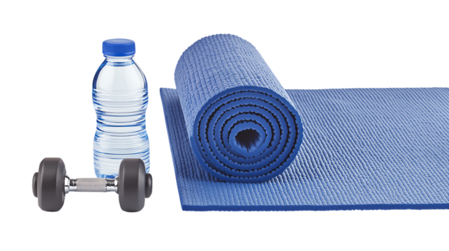 Fitness Essentials: A curated collection of workout essentials, encompassing a water bottle, dumbbell, and yoga mat.
