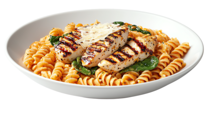 Grilled Chicken Pasta: A close-up studio shot reveals a gourmet pasta dish, where grilled chicken breasts sit atop spiral pasta swirled in a vibrant red sauce.