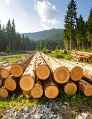 Stacked logs in a forest clearing under a partly cloudy sky
