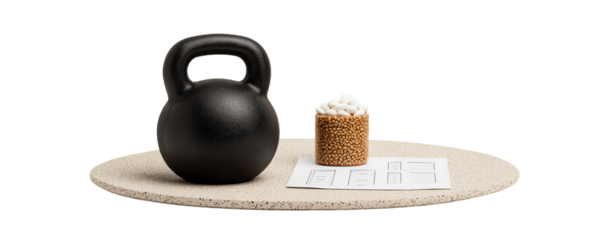 Kettlebell and cake: An overhead shot of a kettlebell next to a small cake with a piece of paper on the beige carpet. Reflecting a balance of fitness and indulgences in an indoor setting.