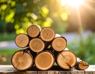 Stacked logs in sunlight