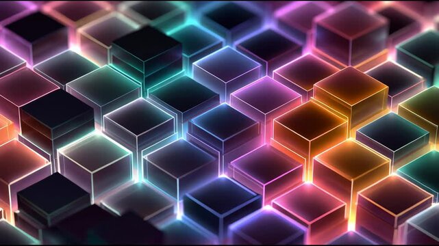 Neon Cube Universe: An immersive macro perspective of an array of neon-lit cubes, radiating vibrancy and hinting at technological complexity. A captivating visual of technology and design.