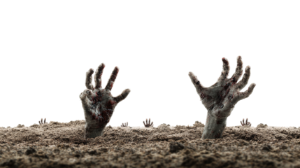 Zombie hands emerging from the ground reaching upward isolated on transparent background