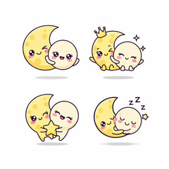 Cute Moon Emoji Set Sleepy, Happy, Winking, Blushing Lunar Faces for Kids and Social Media
