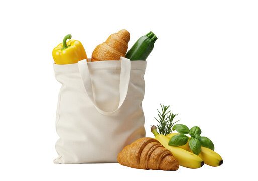 White canvas tote bag, bell pepper, croissant, zucchini, basil, bananas, rosemary on transparent, diffused studio lighting, 45-degree high-angle, concept of fresh grocery display - Powered by Adobe