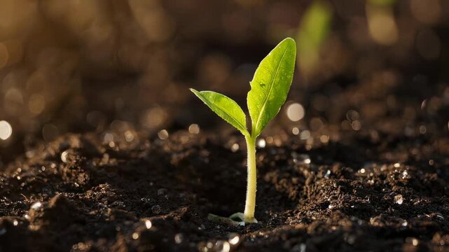 A highly detailed time-lapse video of mung bean sprouts emerging from the dark, fertile soil.