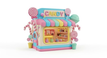 Fototapeta premium Cute candy shop with pastel colors, lollipops, and striped awning on white background. 3D render