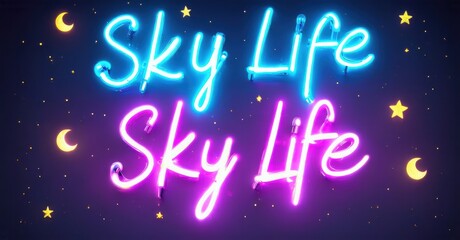 Bright neon sign displays Sky Life twice against dark blue starry background. Crescent moons, stars add whimsical touch.