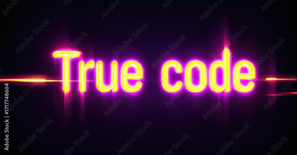 Poster bright neon text reads true code against dark purple background. glowing lines accentuate words, cre