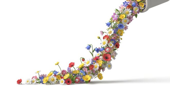 Flowers bloom from a pipe against a bright white backdrop, casting a soft shadow - Powered by Adobe