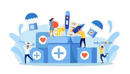 Humanitarian Aid. Voluntary Social Assistance and Support. Volunteers Collecting Food, Medicine for Refugees. People Donating Medications First Aid. Charity, Medicines Donation for Needy Poor People.