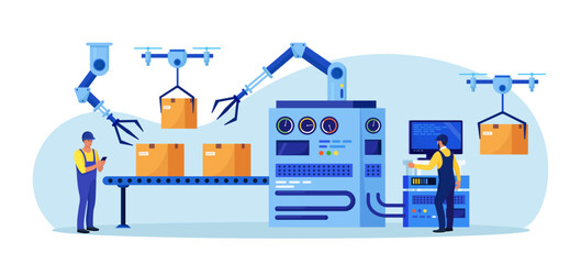 Efficient smart factory with workers, robotic arm, assembly lines. Manufacturing process, industry production. Operator controls conveyor automatic production line with boxes, high tech machinery