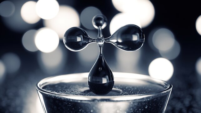 submicroscopic. A single, complex, glowing molecule emerges from a dark, primordial aqueous solution, symbolizing the spark of life. STEM education sheets.