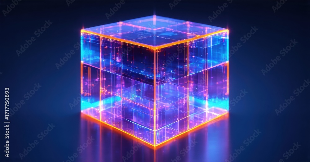 Poster glowing cube structure. neon lights create complex internal grid. dark background emphasizes vibrant
