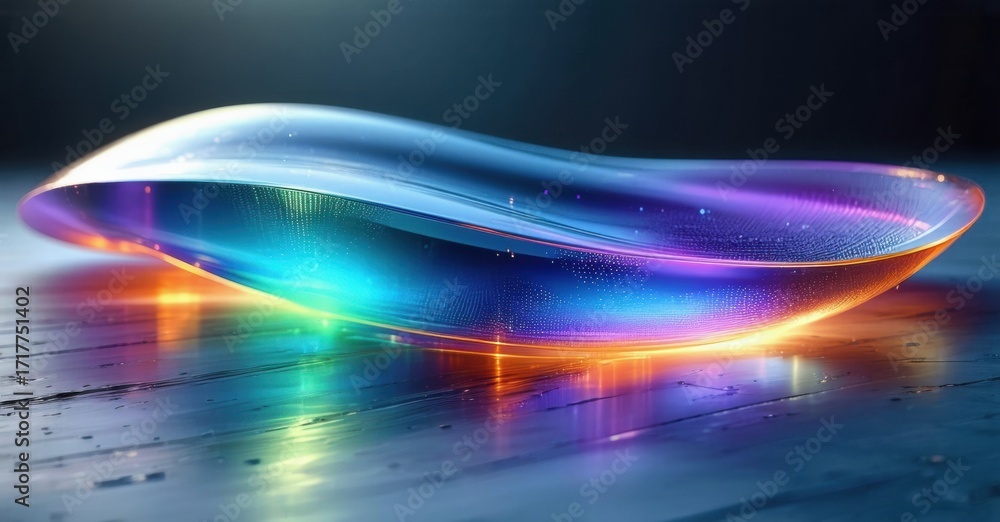 Poster abstract luminous shape rests upon reflective surface. vibrant colors blend, creating futuristic imp