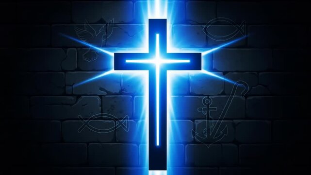 Illuminated cross against a dark brick wall, symbolizing faith and spirituality, with subtle icons in the background
