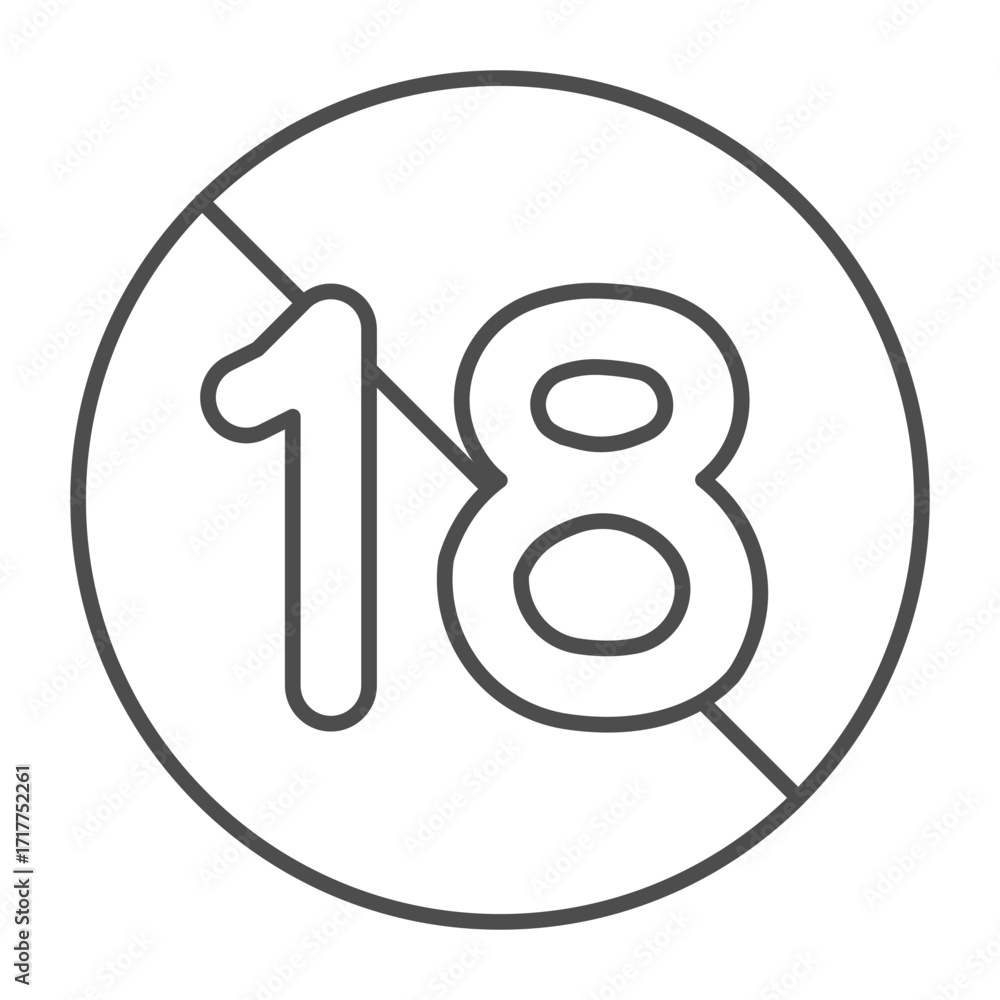 Poster no sign with number eighteen thin line icon, adults only concept, under 18 is not allowed sign on wh