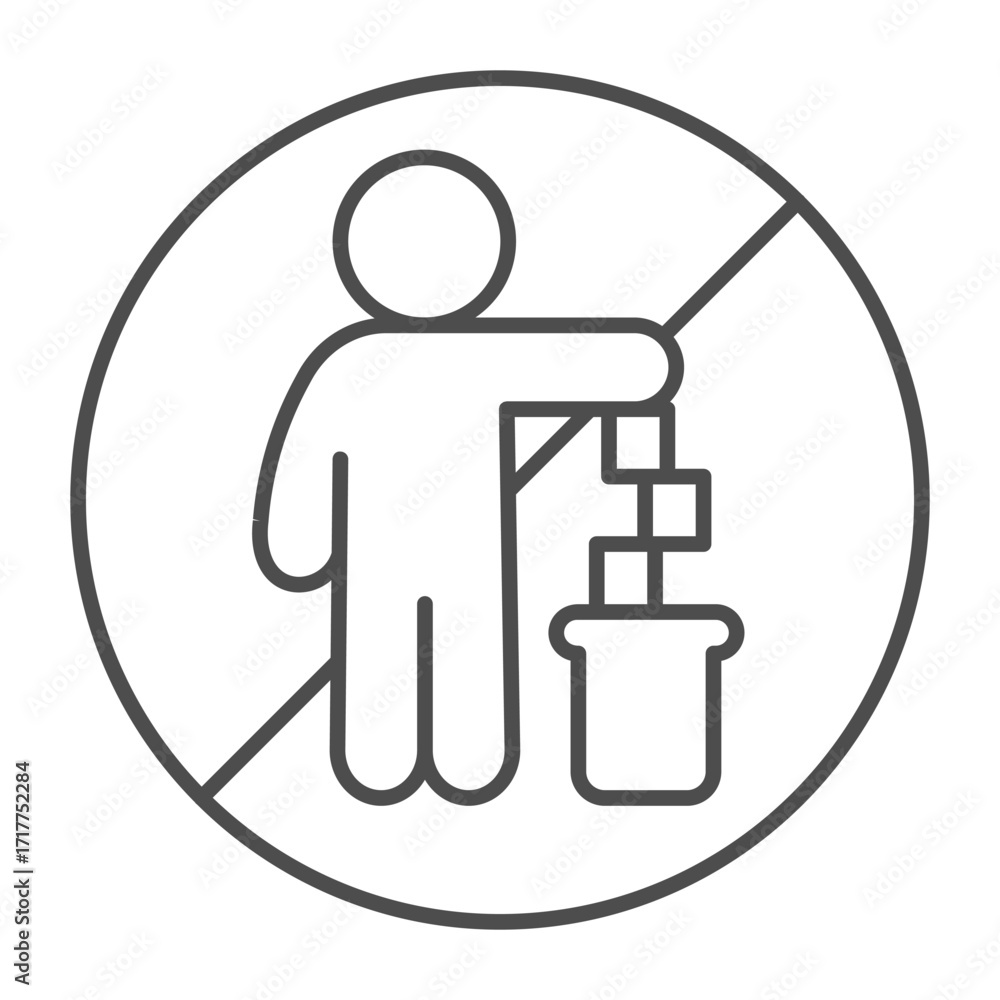 Poster no symbol with man, garbage and trash can thin line icon, prohibition concept, pollution is forbidde