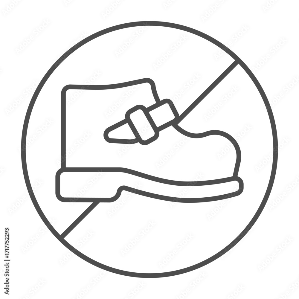 Poster no symbol with boot thin line icon, prohibition concept, enter with shoes is forbidden sign on white