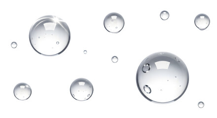 Macro water droplets reflecting light abstract close up spheres wet liquid surface pure crystal clear bubbles isolated on transparent background
