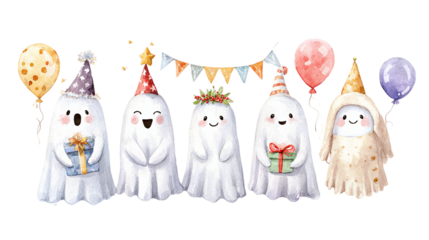 Collection of watercolor ghost characters with festive decorations isolated on transparent background