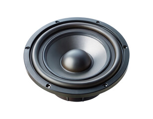 Close up view of a black subwoofer speaker with white background