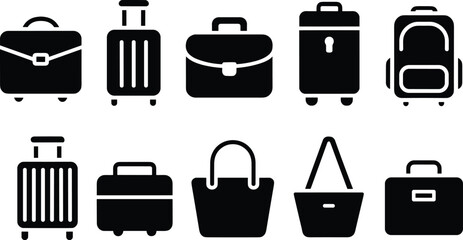 Bag silhouette icons, travel luggage vector set, black suitcase illustration, backpack, briefcase, tote bag, rolling case, isolated graphic, editable design